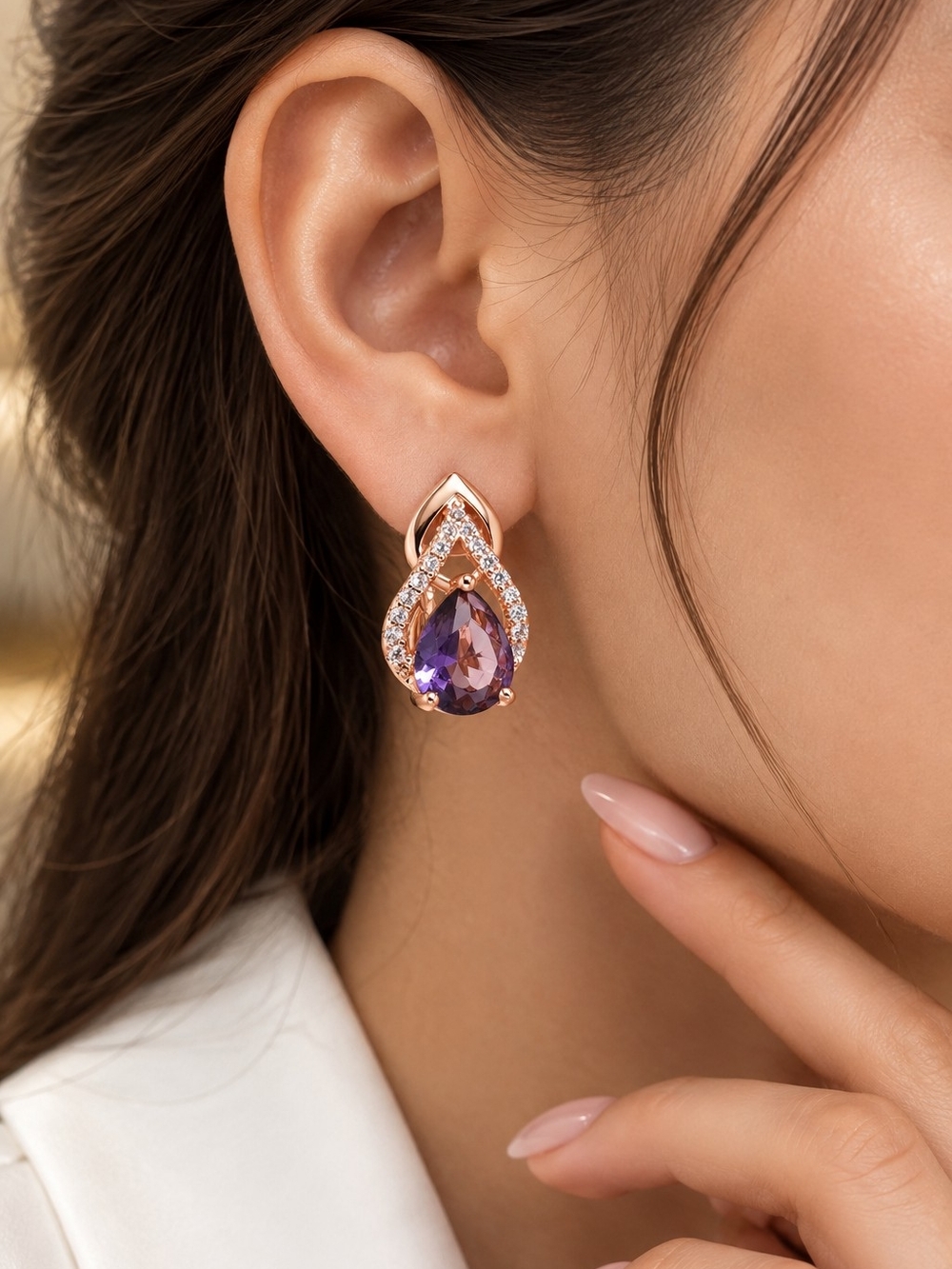 Rose Gold Teardrop Earrings with Purple Amethyst-Style Stone